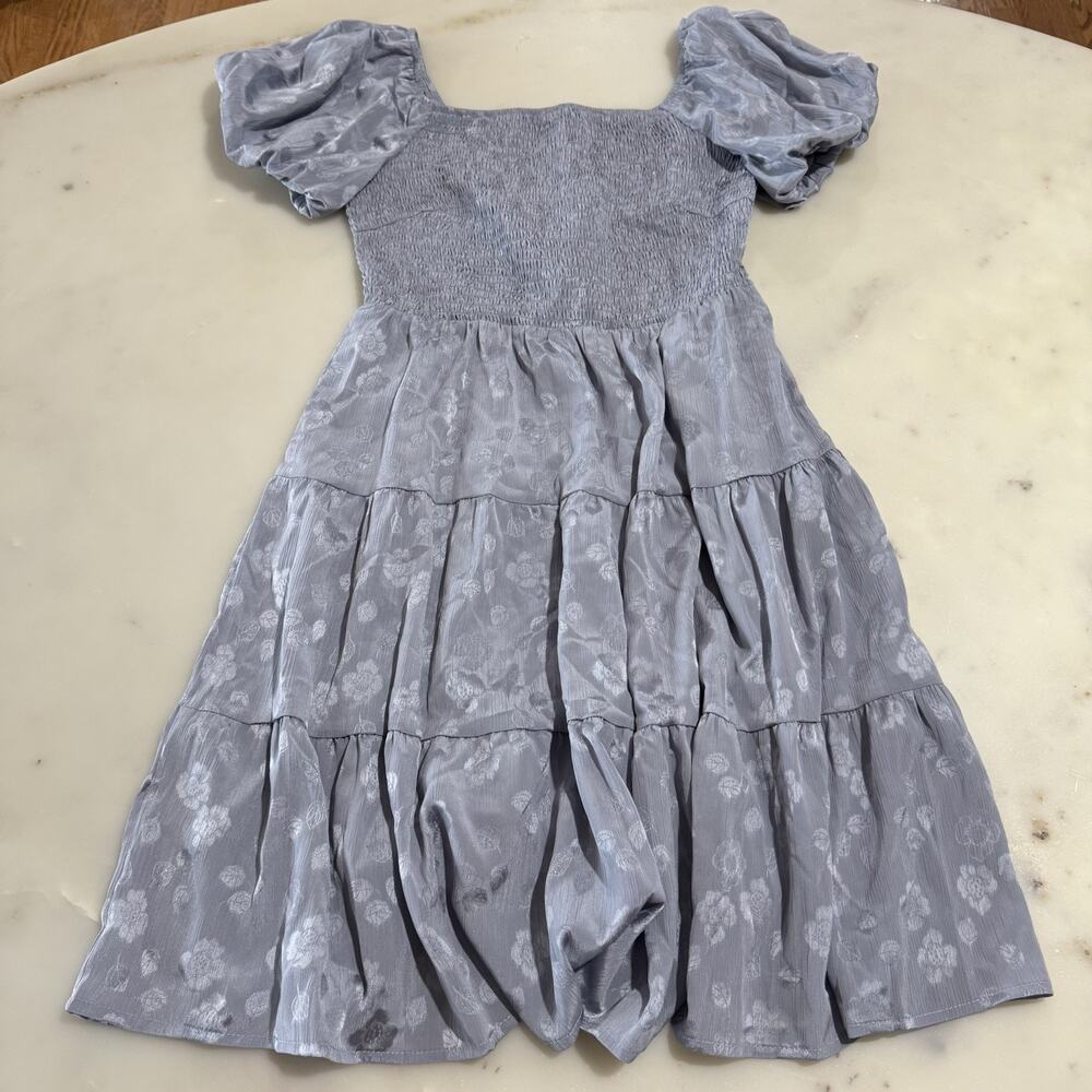 NWT Fashion Mini Dress Small Blue Smocked Bodice Puff Sleeve Boho Tiered Festive